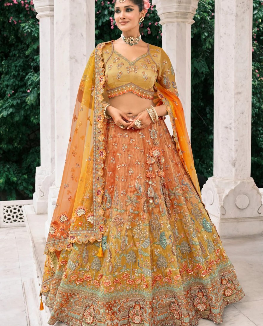 Orange - Cadmium Orange Fancy Silk Lehenga Choli With Cut Work Embroidery Border & Stone Work